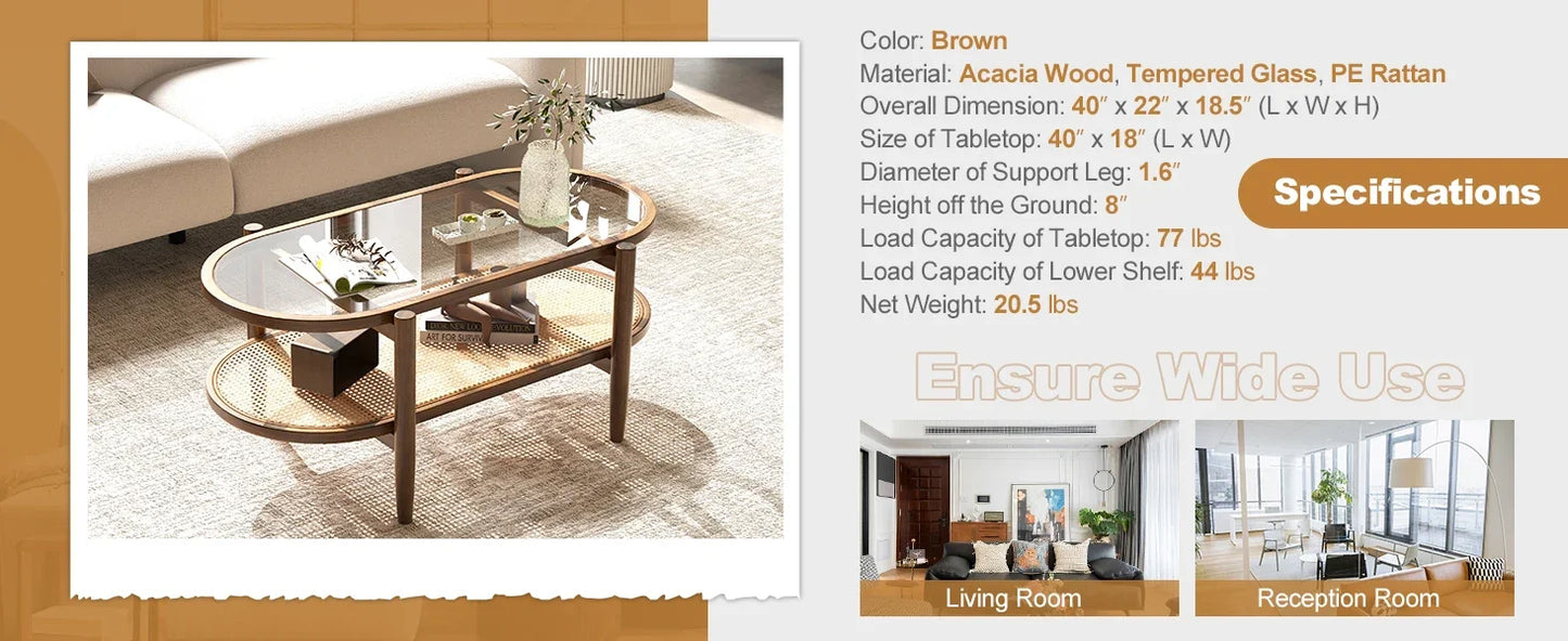 Rattan Coffee Table 2 Tier Acacia Wood With Glass Top Shelf