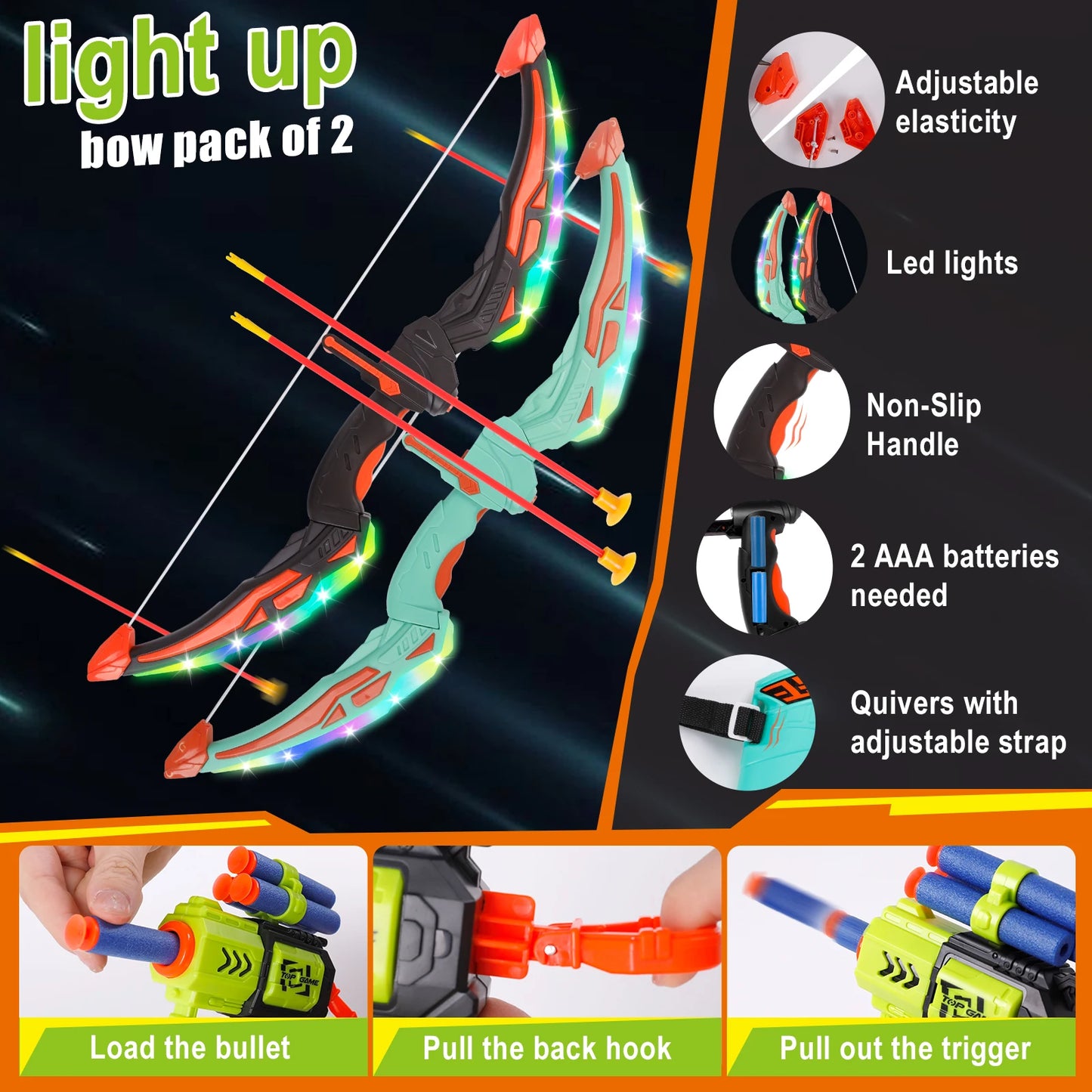 LED Light Up Bow and Arrow Set With Foam Dart Guns for Kids 5 6 7 8 9