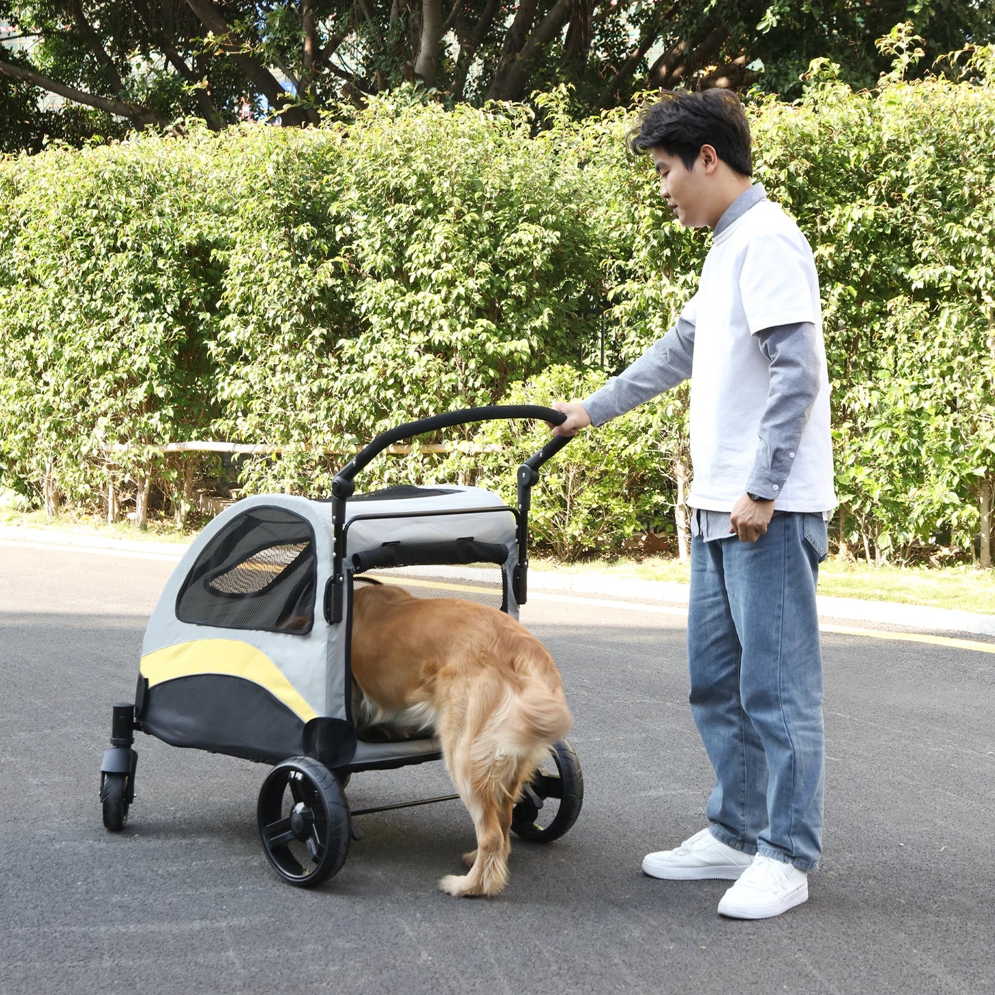 Portable Dog Stroller with Four Wheels for Large Dogs Foldable Cat Travel Carriage Breathable Carrier for Outdoor Play
