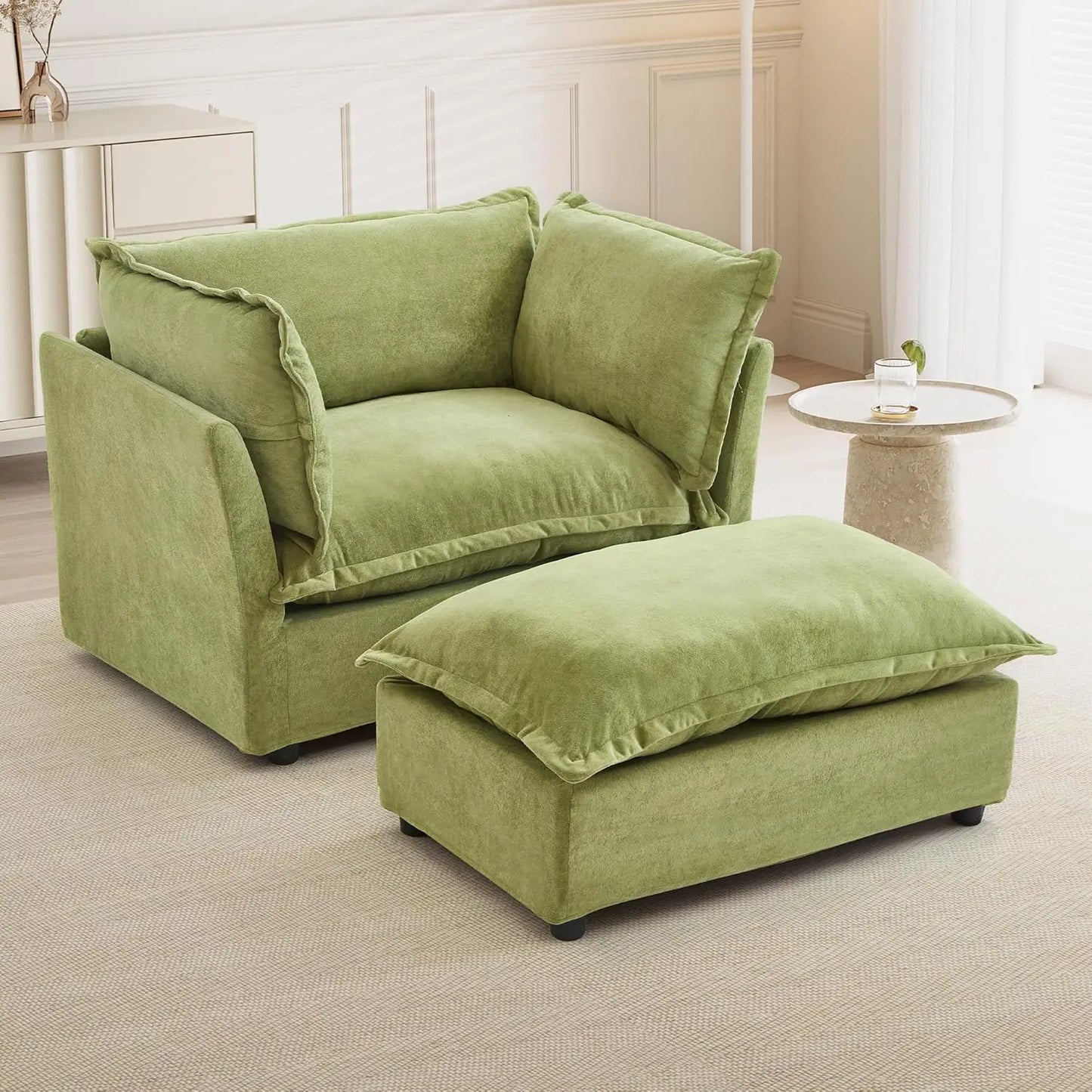 Modern Armchair Sofa With Ottoman 47 Inch Upholstered Wide Seat Curved Armrests