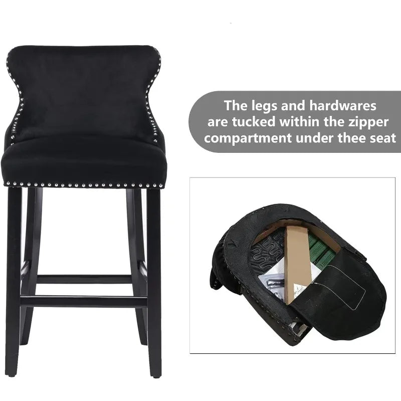 Velvet Wingback Bar Stools Set Of 2 Tufted Counter Height With Wood Legs