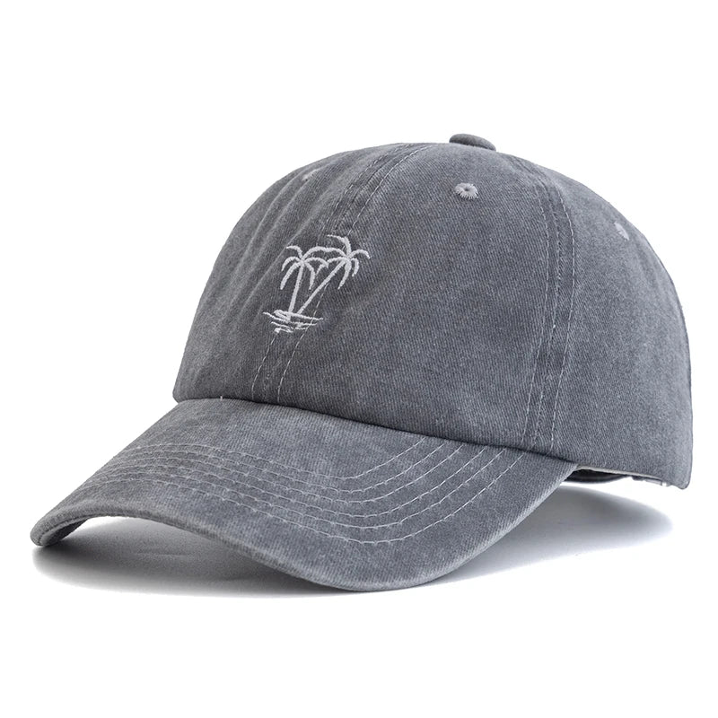 Washed Cotton Cap With Coconut Tree Embroidery Unisex Vintage Baseball Hat