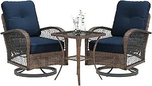 3 Piece Patio Furniture Set With Wicker Swivel Rocker Chairs And Cushions