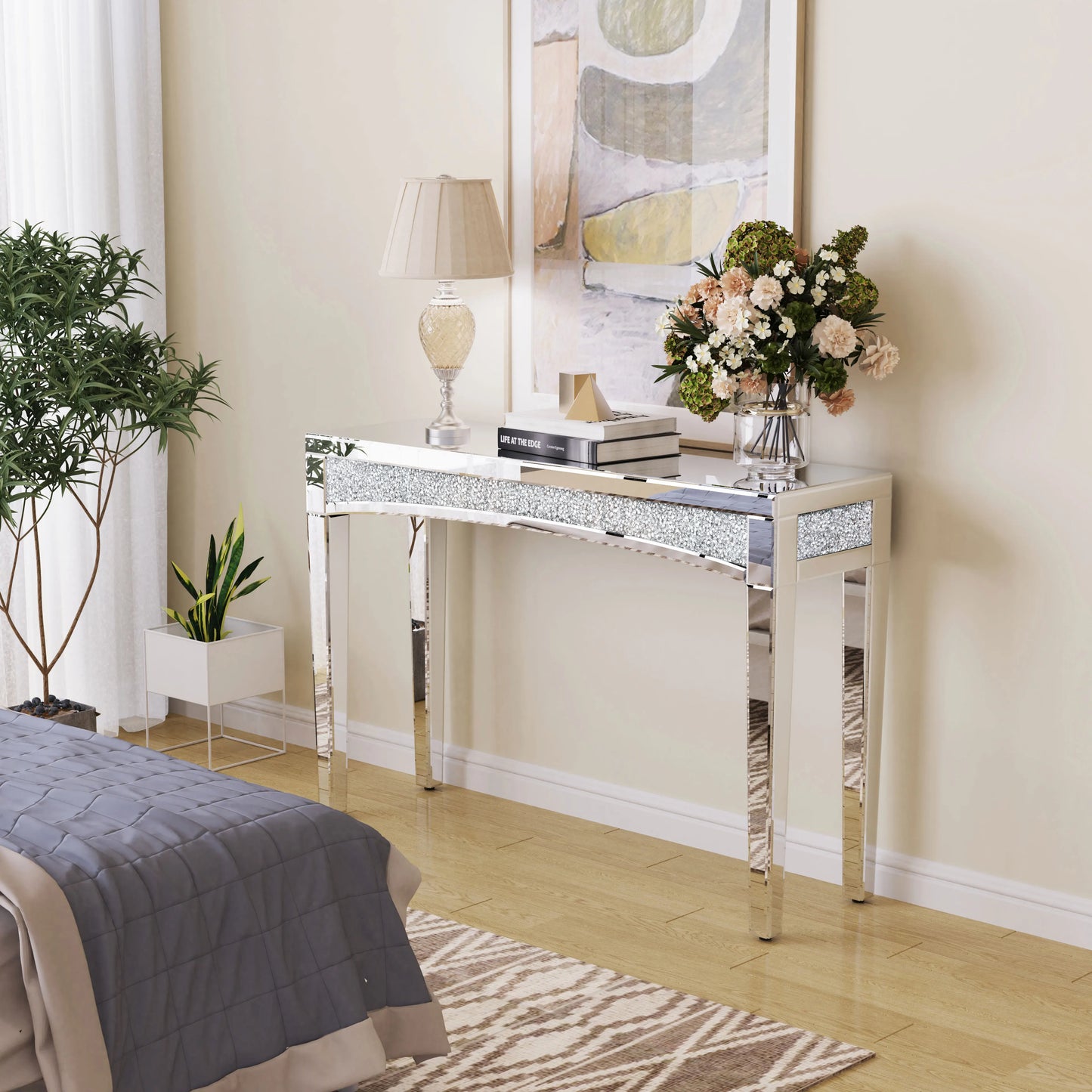 Mirrored Desk Silver Console Table With Crystal Inlay
