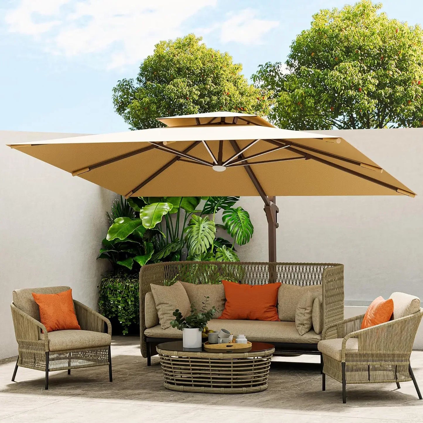 10x13 Ft Cantilever Outdoor Patio Umbrella With LED Lights Beige 360 Rotation