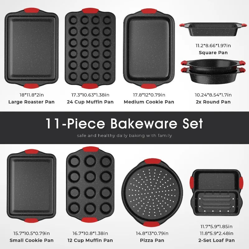 11 Piece Nonstick Baking Pans Set Stackable Bakeware Set Toxin Free Baking Set with Silicone Handles Includes Cookie Sheets Cake Pan Loaf Pan Pizza Pan Muffin Pan