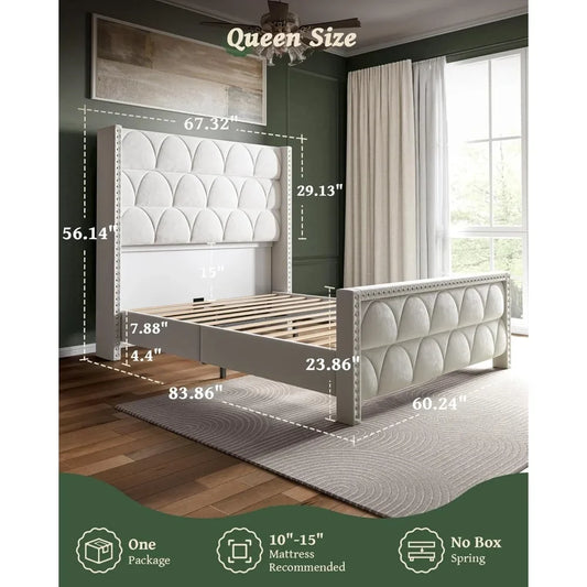 Silent Velvet Wingback Platform Bed Frame 56 Headboard
