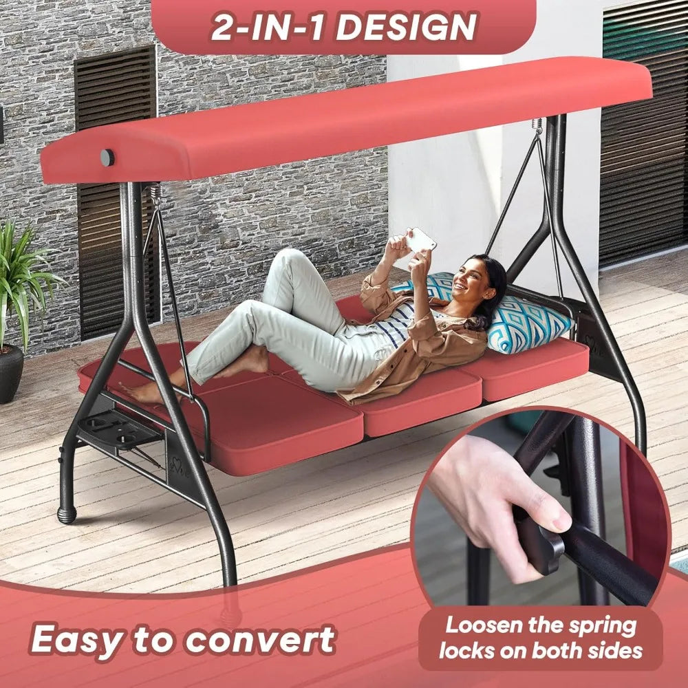 3 Seat Outdoor Porch Patio Swing With Stand 800 Lb 2 In 1 Convertible Swing Bed With Adjustable Canopy And Removable Cushion