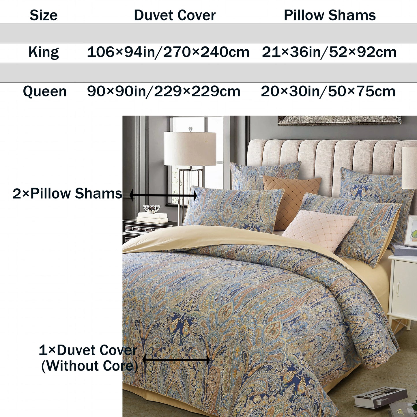 3pcs 600TC Egyptian Cotton Duvet Cover Set Bohemian Paisley