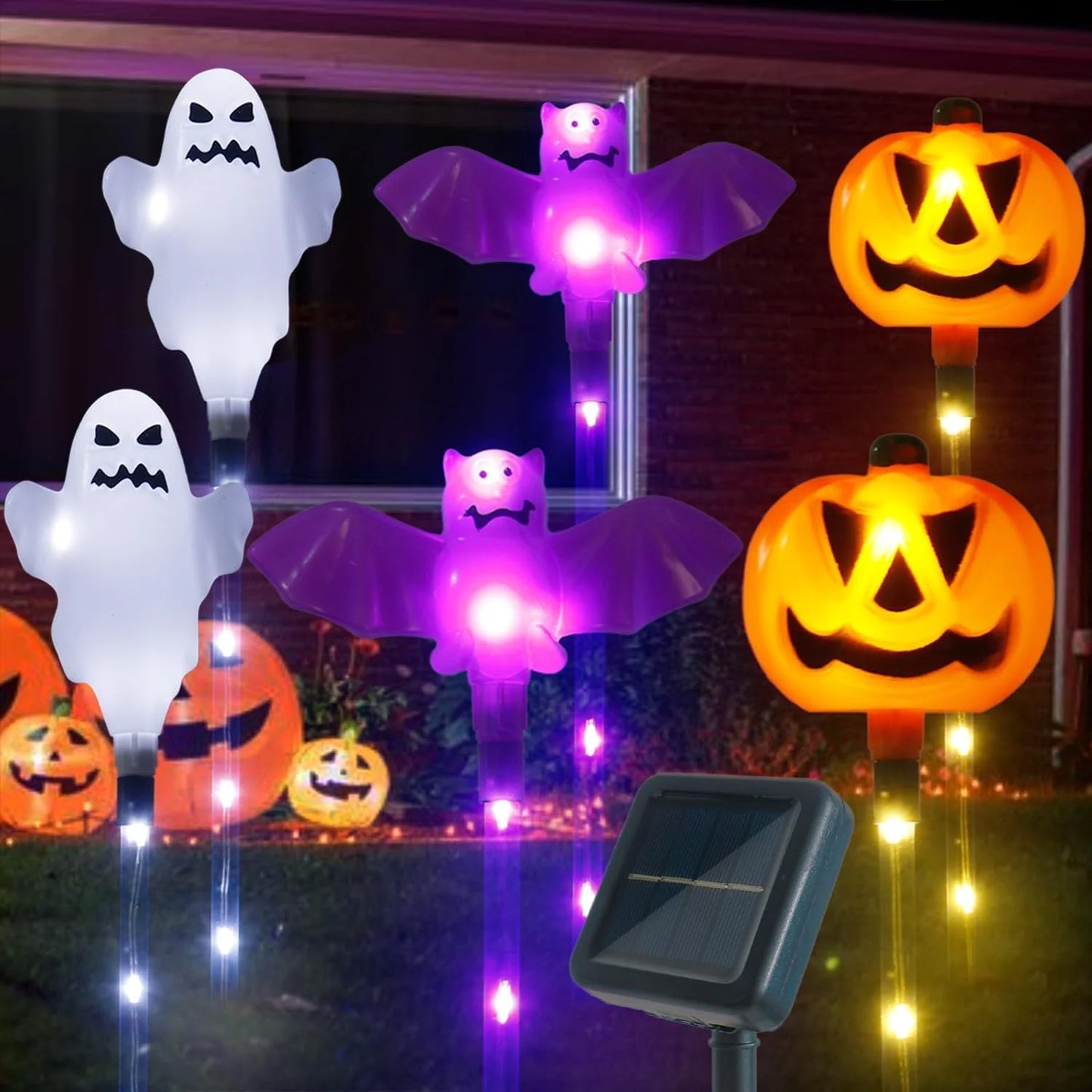 Solar Powered 8 LED Pumpkin Garden Stake Lights Halloween