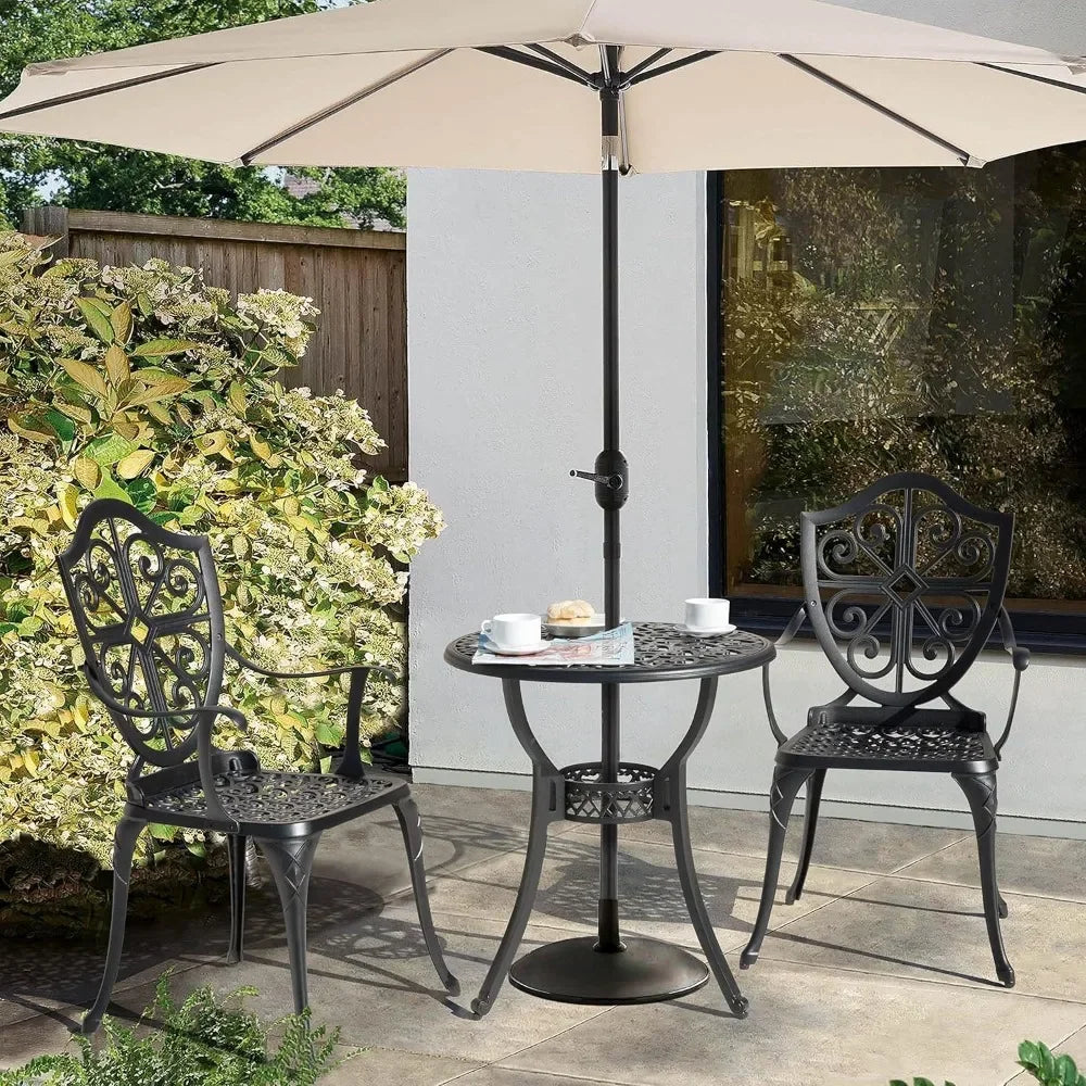 3 Piece Patio Cast Aluminum Bistro Set With Umbrella Hole Table And Chairs