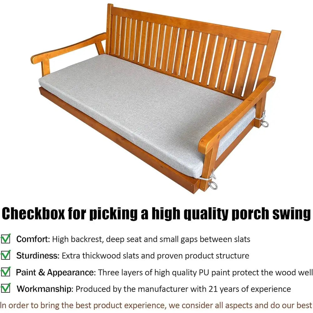 Teak Tone Porch Swing Bed With Cushion For Outdoor Patio Or Porch
