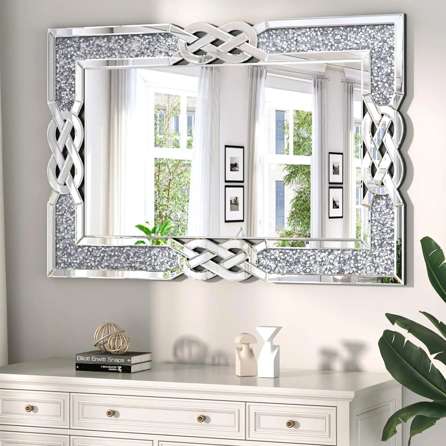 90 100 120CM Large Crystal Crush Diamond Mirror Vanity Silver Decorative Wall Hang Mirror for Bedroom Hallway Living Room