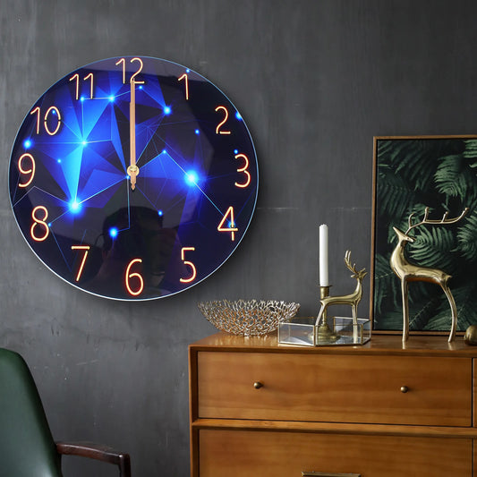 12 Inch Silent Blue Diamond Round Wall Clock Decorative Modern Style Interior Clock