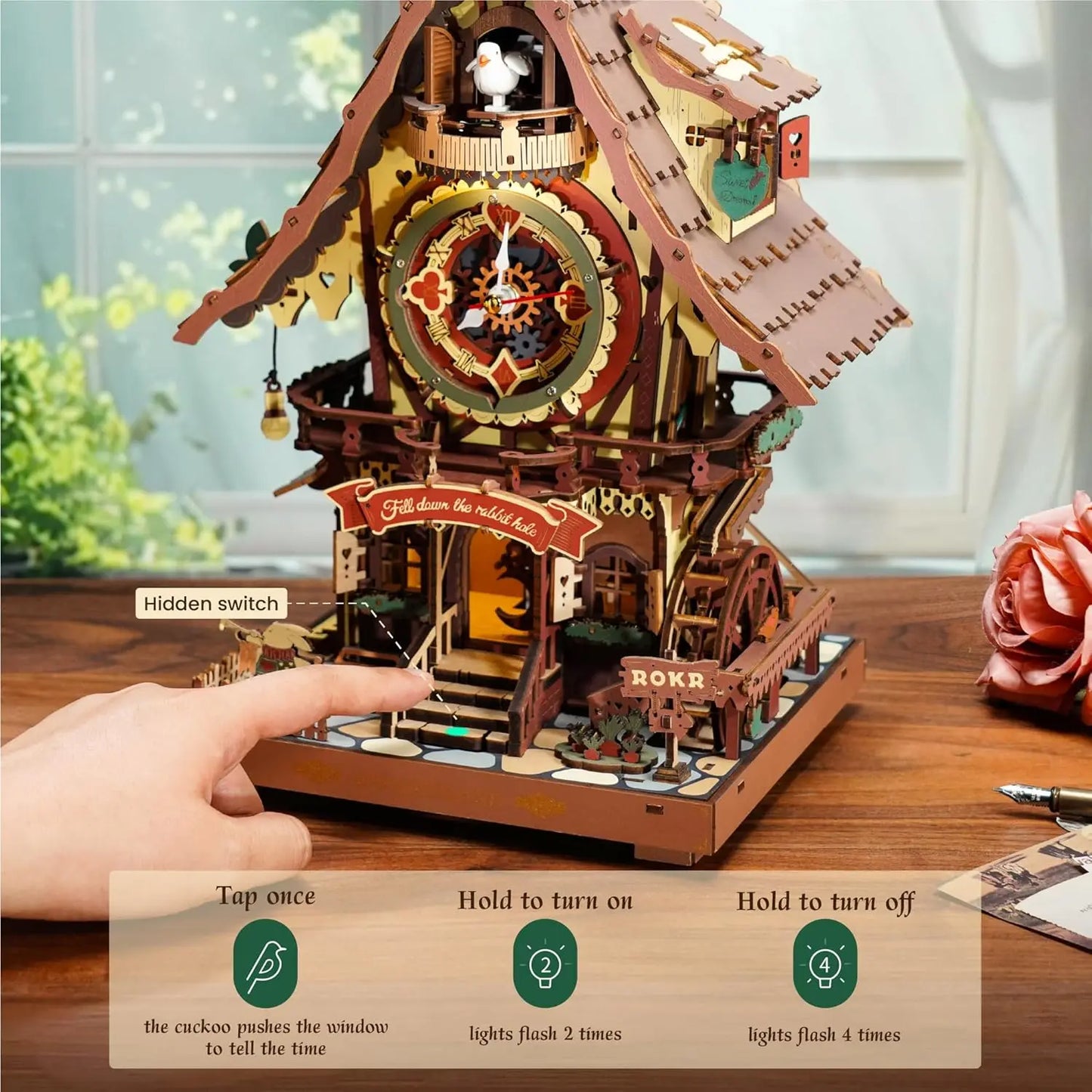 Robotime Rokr 3D Wooden Puzzle Cuckoo Clock Kit Black Forest Style Working Bird