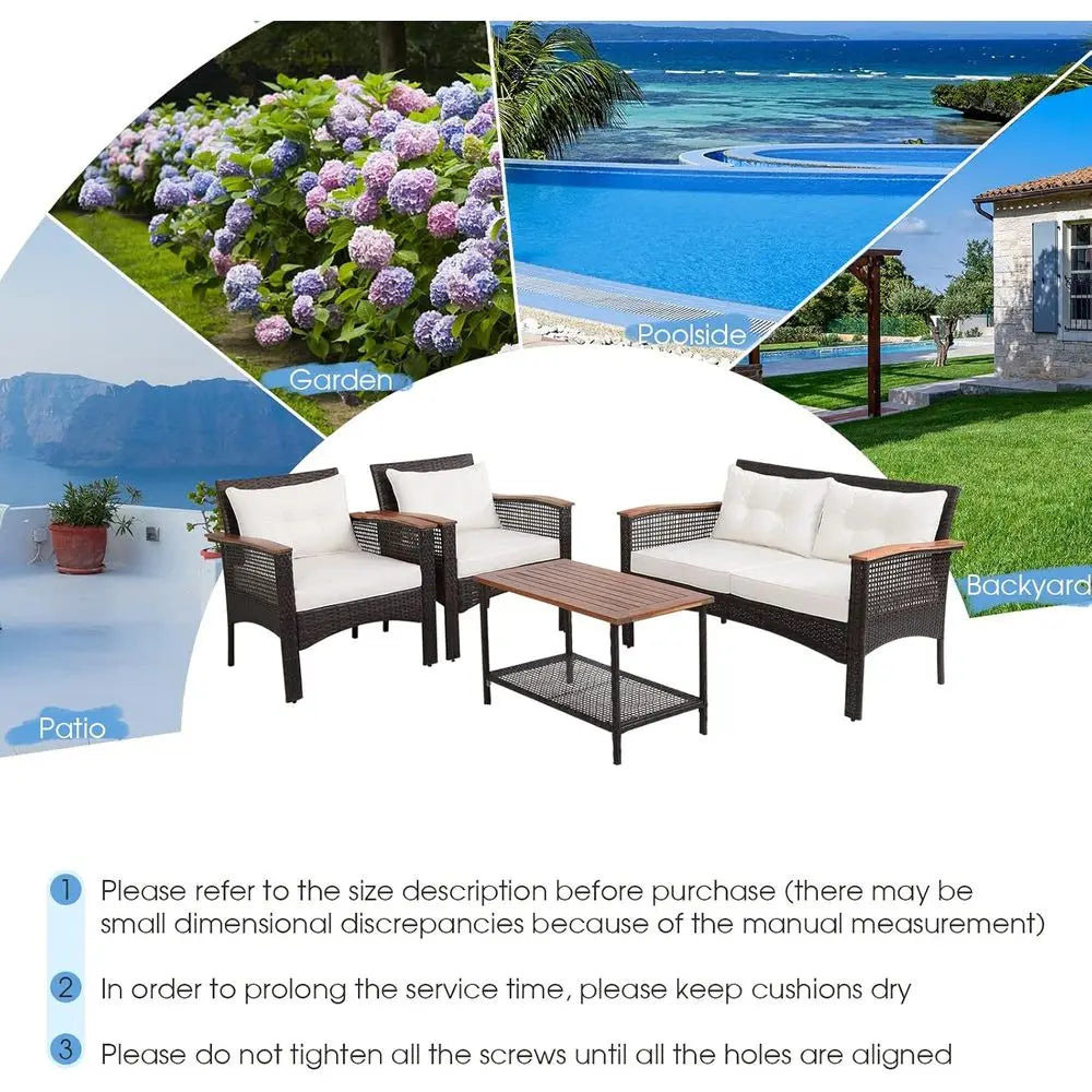 4 Piece Outdoor Patio Furniture Set With Cushions White For Lawn Porch Poolside