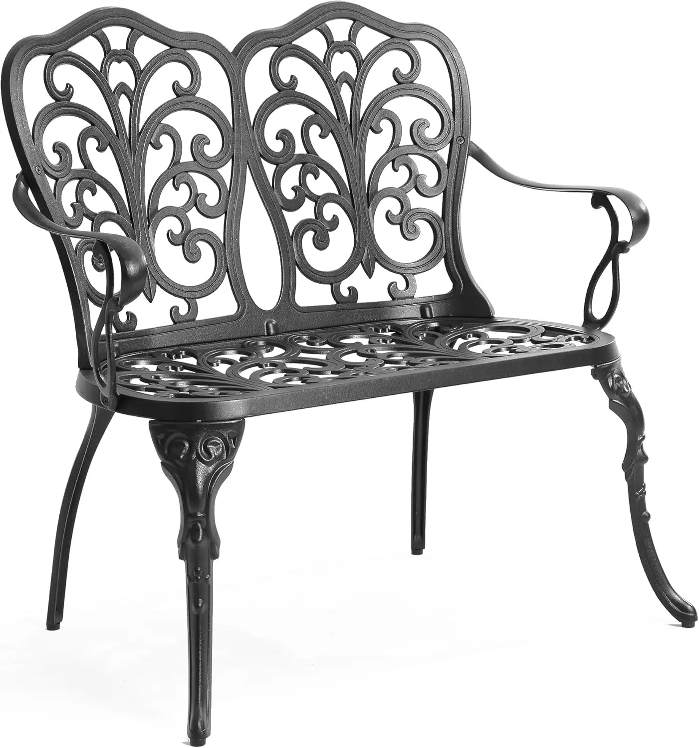 Cast Aluminum Outdoor Bench Patio Garden Loveseat Metal Bench For Front Porch Park Lawn Black