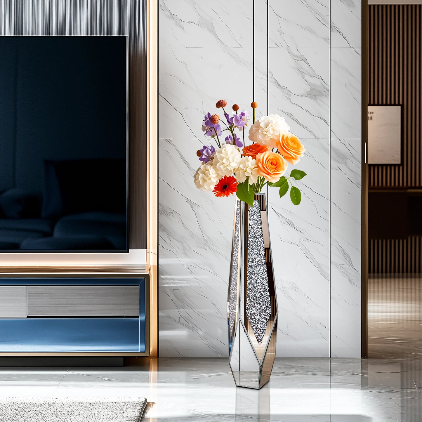 Tall Floor Mirror Vase Large Crushed Diamond Glass Vase for Home Decor Modern Crystal Centerpiece for Living Room Wedding Hotel