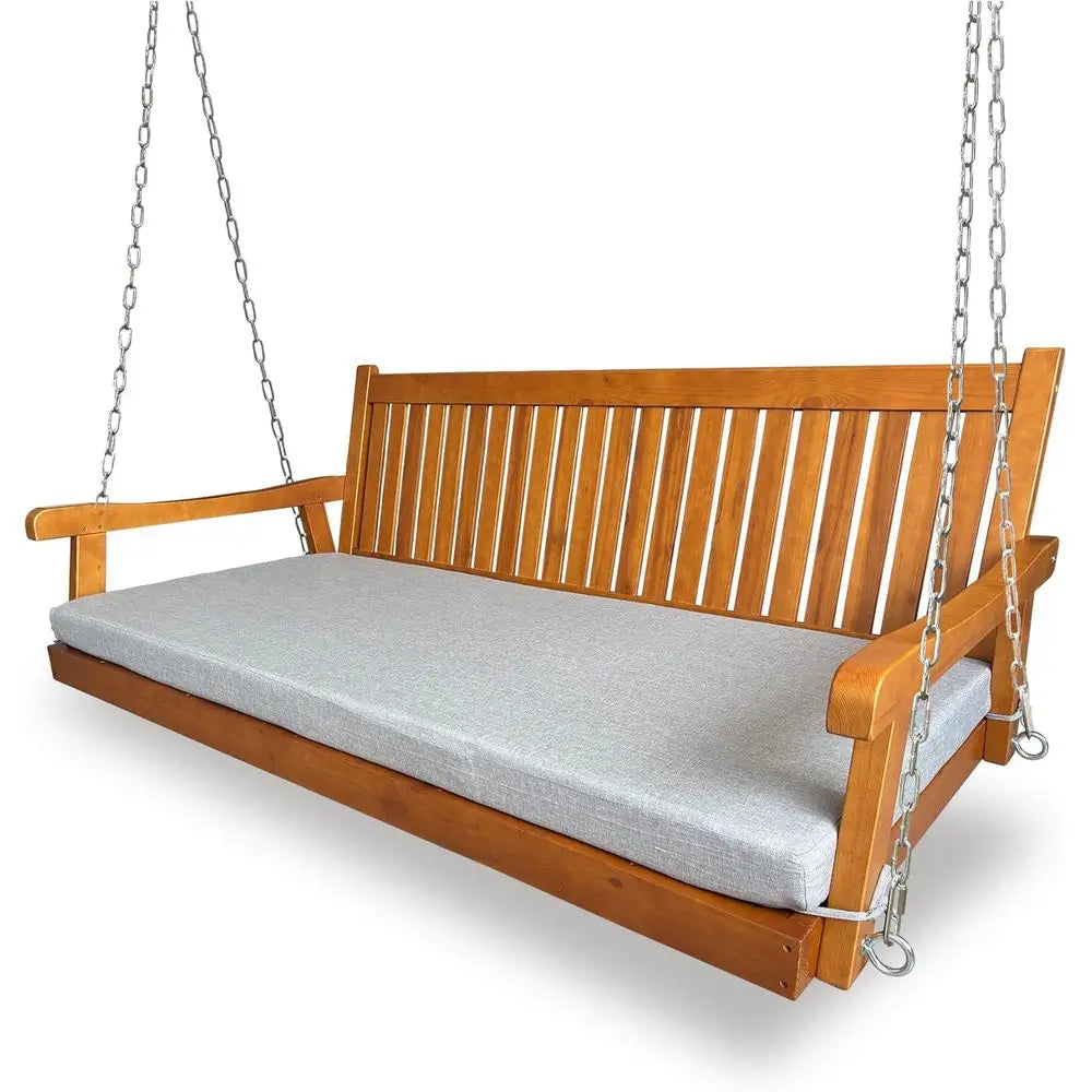 Teak Tone Porch Swing Bed With Cushion For Outdoor Patio Or Porch