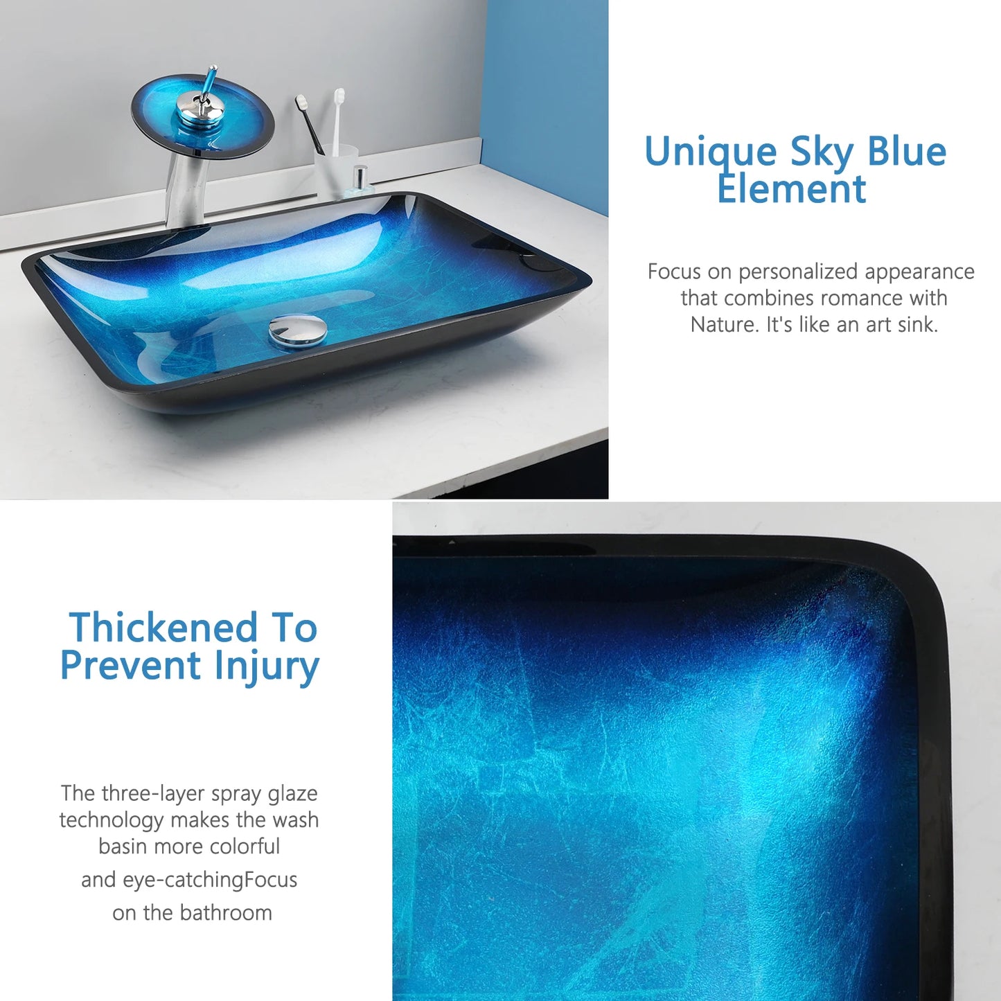 ZAPPO Tempered Glass Vessel Sink With Waterfall Faucet Blue