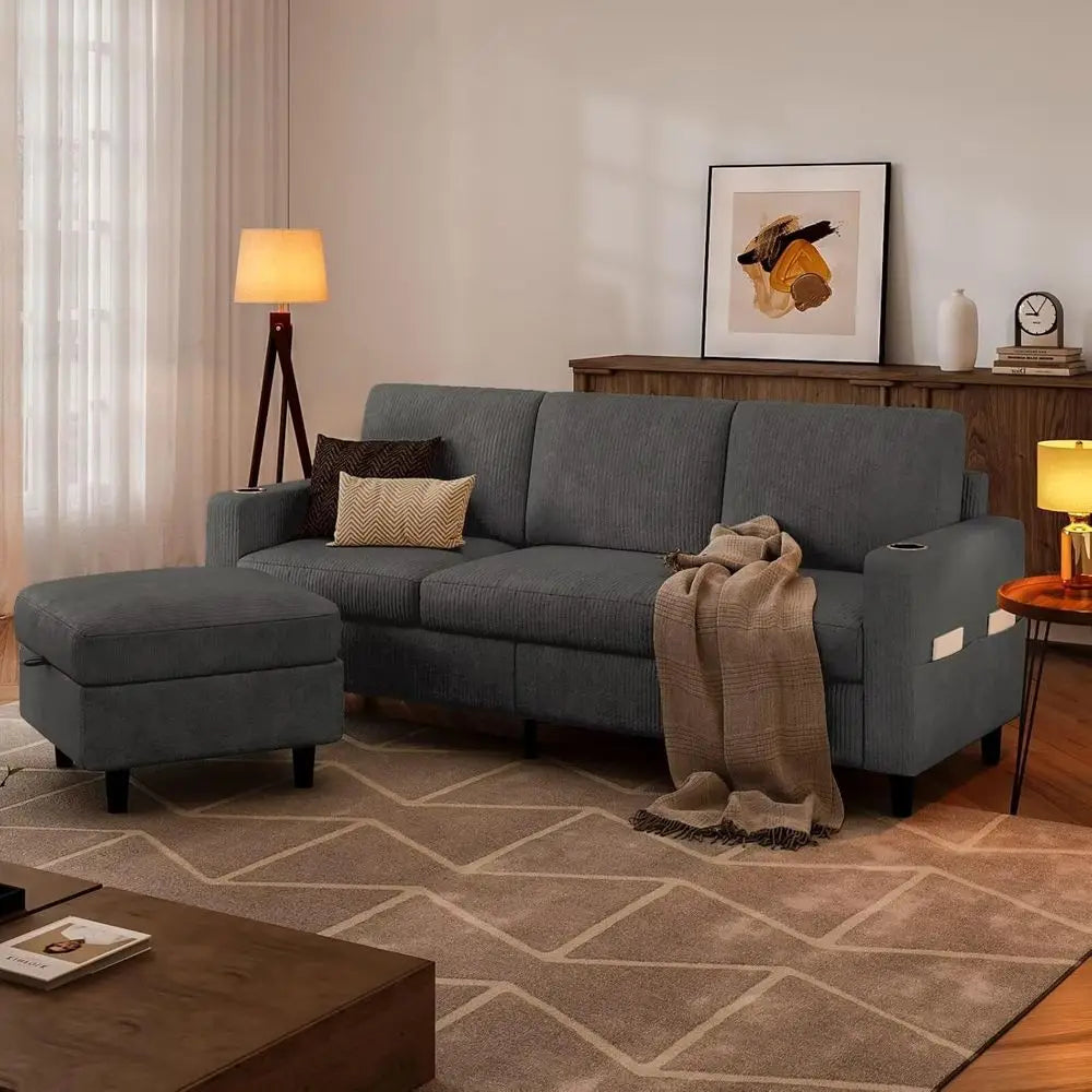 Three Seat L Shaped Sectional Sofa With Storage Ottoman And Cup Holders Grey