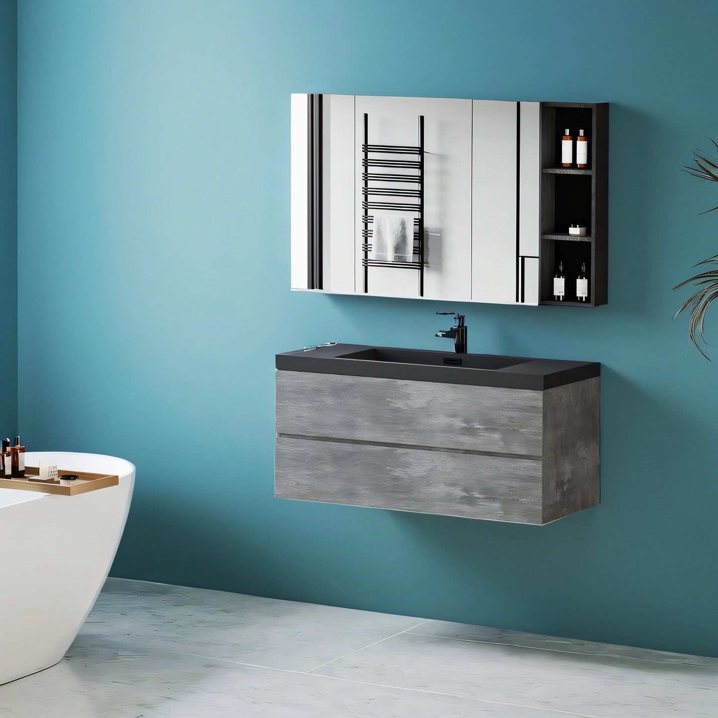 48 Inch Floating Bathroom Vanity With Sink Black Quartz Top