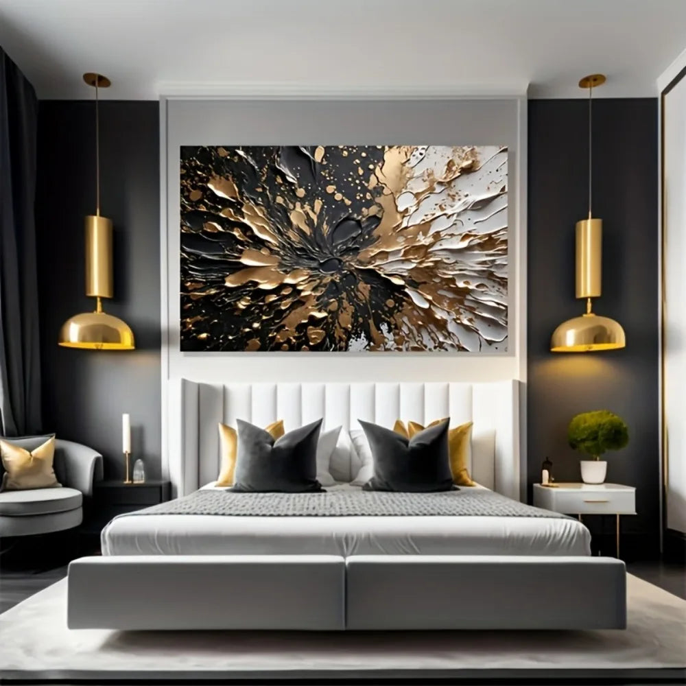 Modern Abstract Black Gold Ink Splash Wall Mural With Pine Frame
