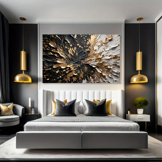 Modern Abstract Black Gold Ink Splash Wall Mural With Pine Frame