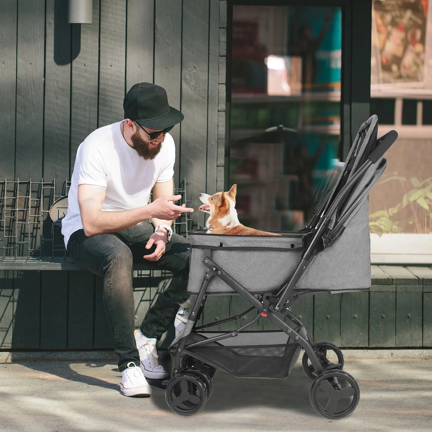Medium Dog Pet Stroller With Poop Bags Reversible Handlebar