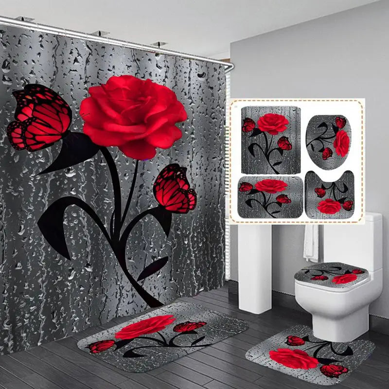 Four Piece Floral Polyester Bathroom Accessory Set Non Slip