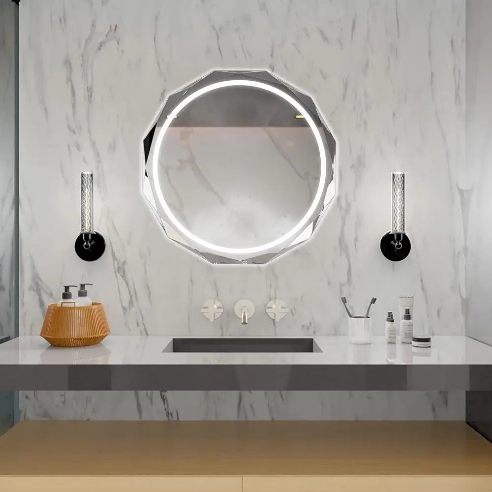 Round LED Bathroom Mirror Beveled Edge Mount Anti Fog Silver
