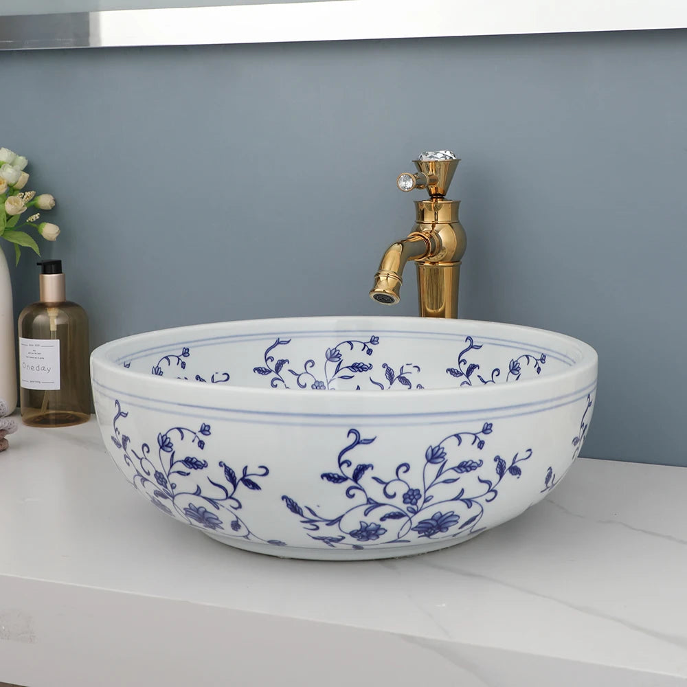 Hand Painted Ceramic Round Bathroom Basin Sink With Faucet