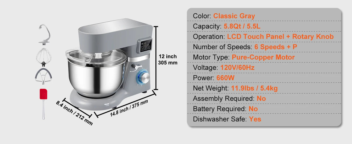 SucceBuy Electric Dough Mixer Stand Mixer with 6 Speeds LCD Touch Screen Timing 5.8 Quart Stainless Steel Bowl Dough Hook Flat Beater