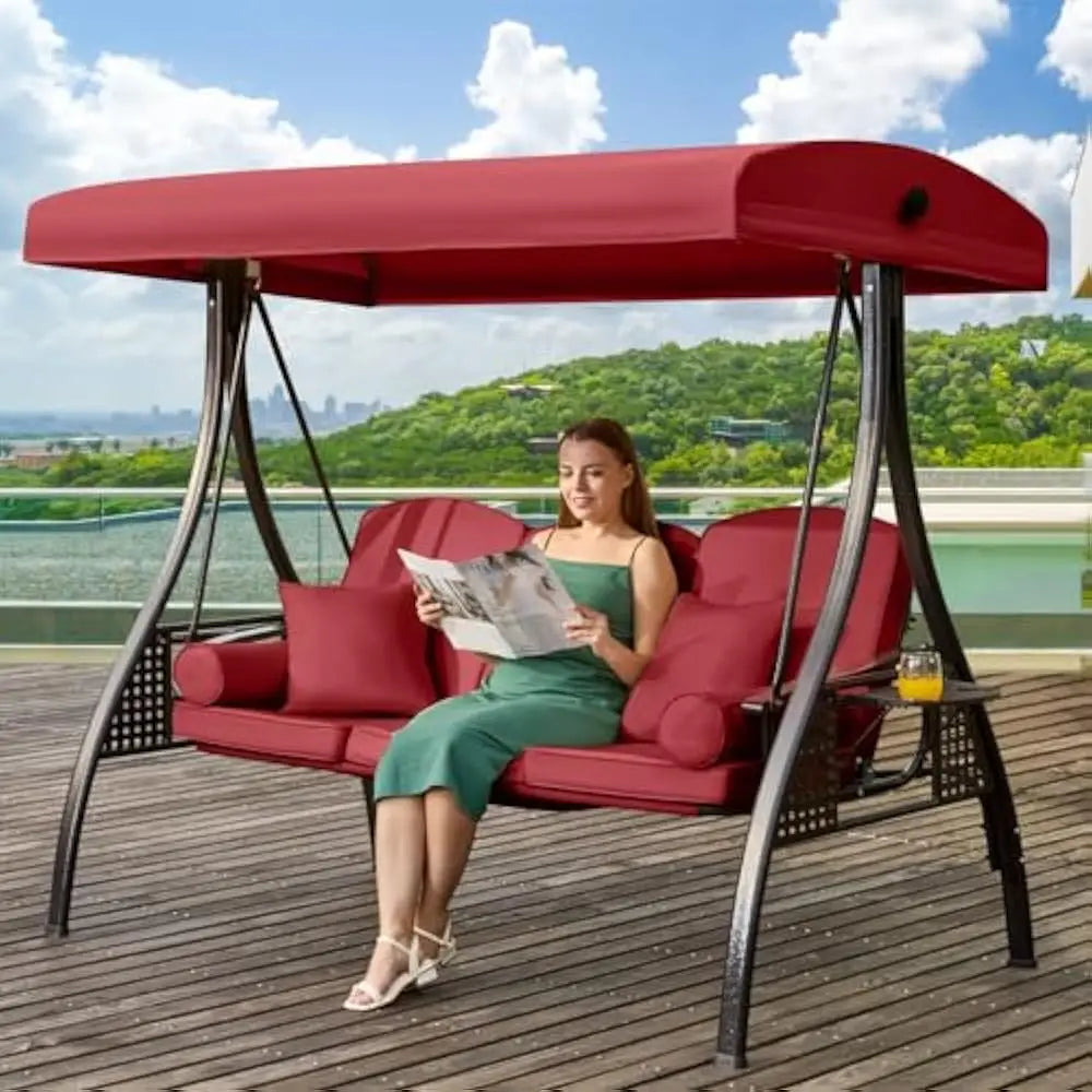 3 in 1 Outdoor Porch Swing With Adjustable Canopy 3-Seat Thick Cushions Pillows Cup Holders Heavy Duty Alloy Steel Frame 750 Lb Capacity