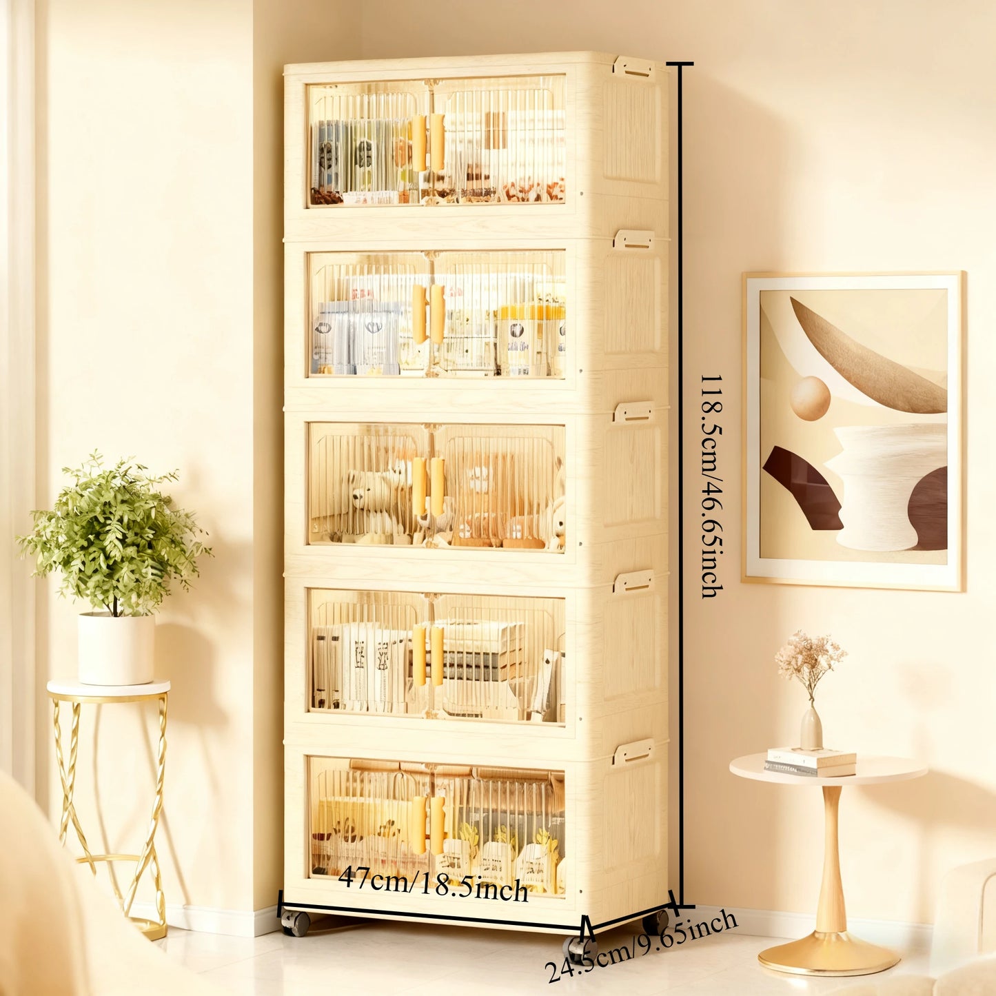 3 To 5 Tier Foldable Cabinet With Wheels Plastic Lidded Storage Box