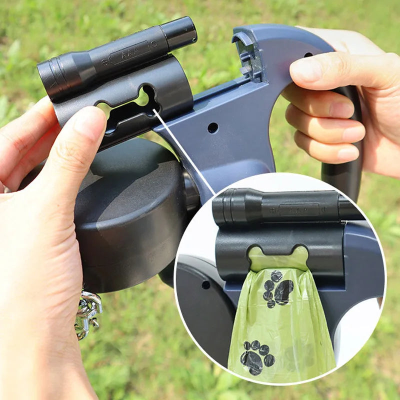 3In1 Double Head Retractable Dog Leash With Flashlight Poop Bag Dispenser