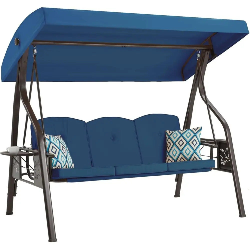 Three Seat Outdoor Porch Swing With Stand Blue Patio Swing Bed Chair Pillows