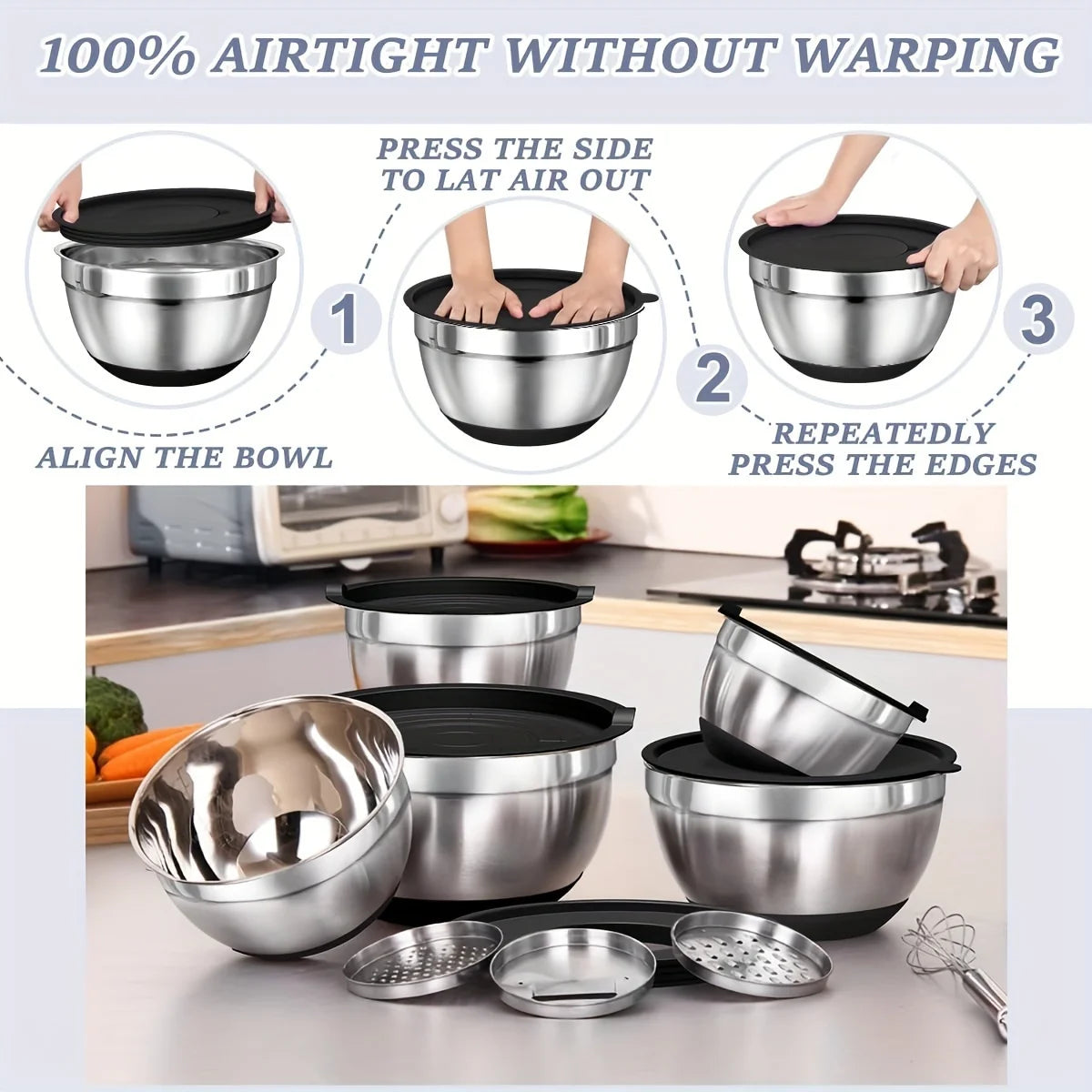 8pc Stainless Steel Mixing Bowls Set Airtight Lids Black