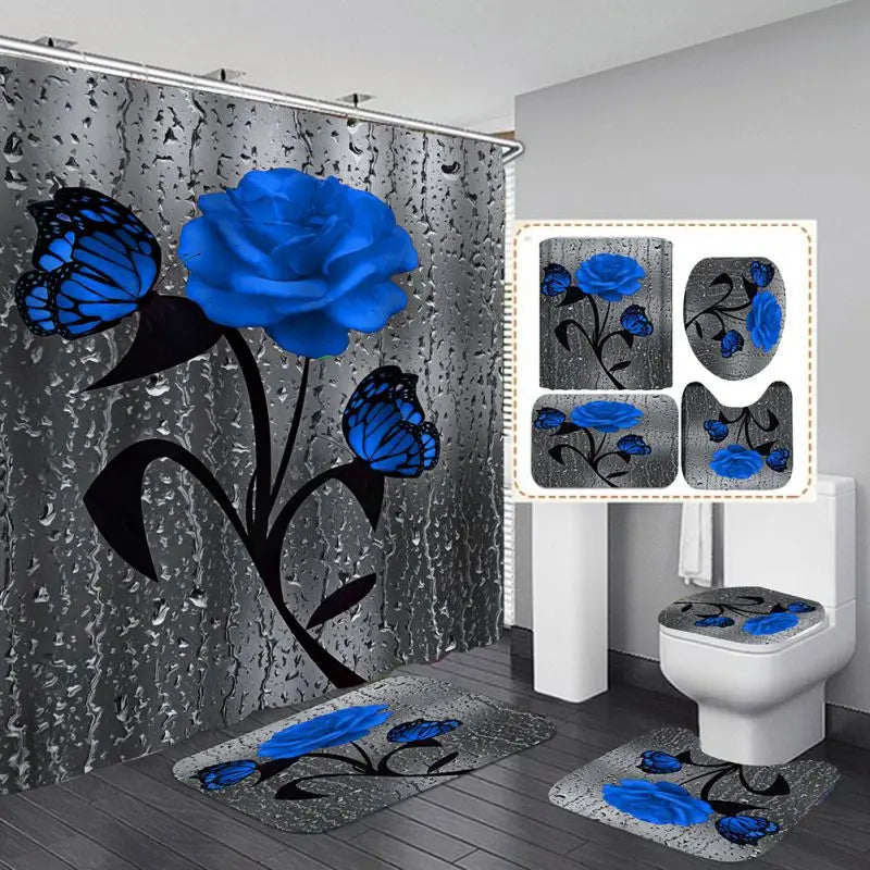 Four Piece Floral Polyester Bathroom Accessory Set Non Slip