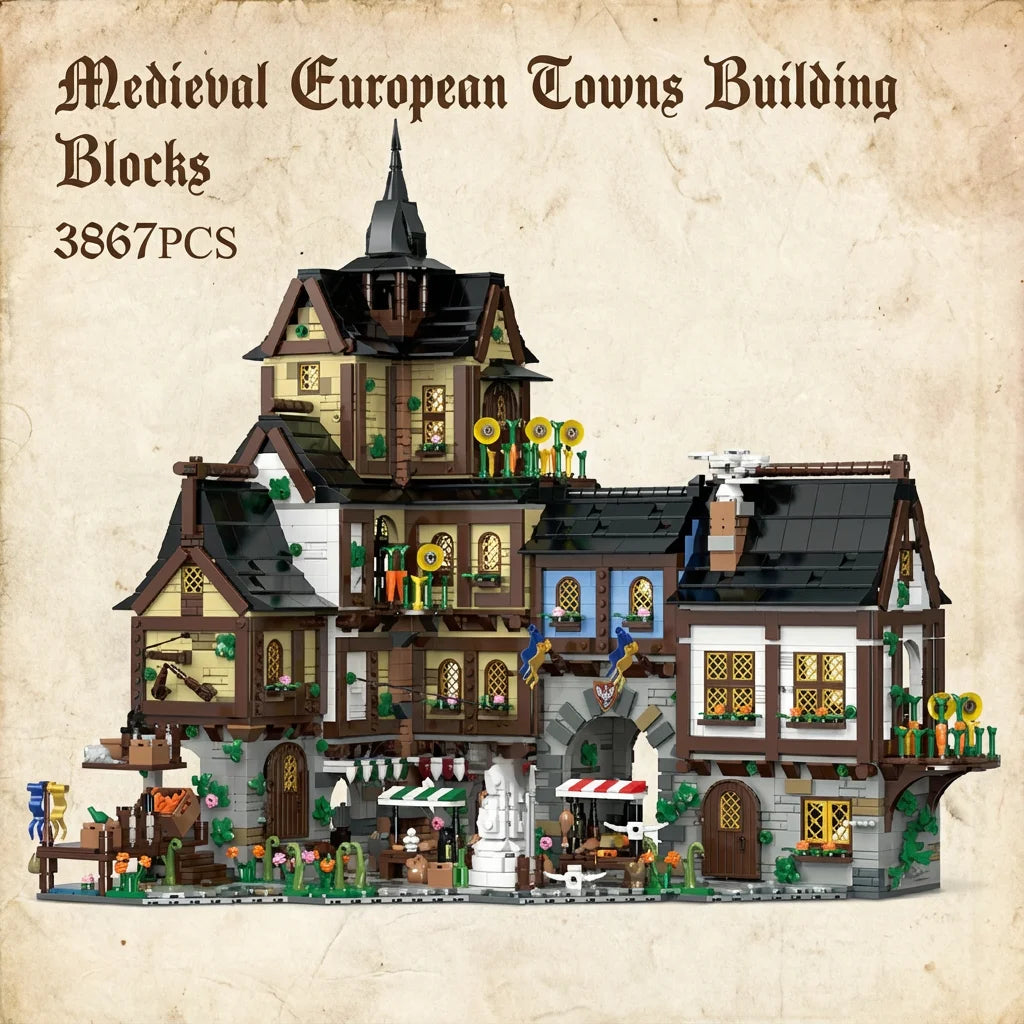 3867 Pcs Medieval Europe Towns Buildings Blocks Street View Village Model Kit