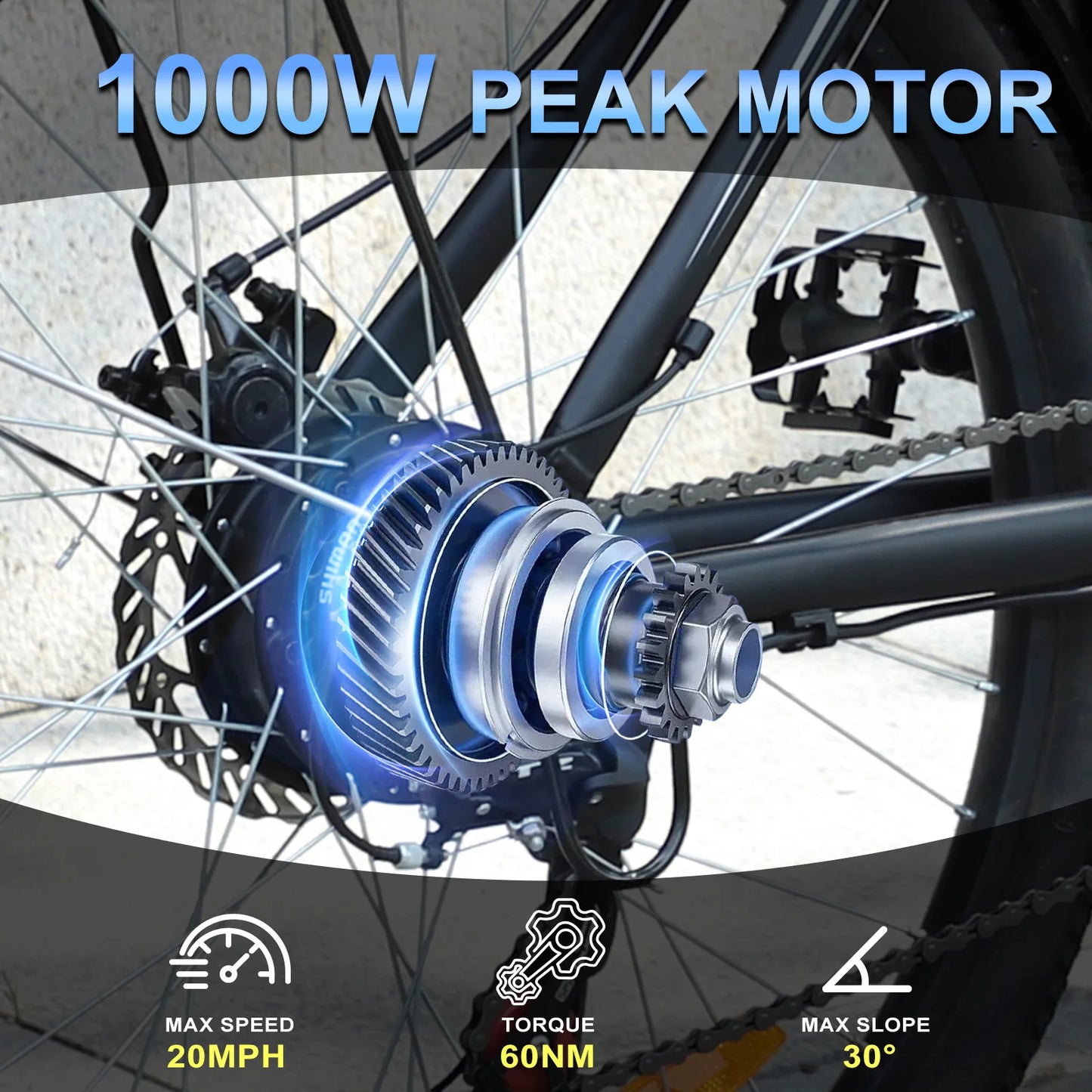 1000W Peak 48V Electric Mountain Bike 26Inch Removable Battery, 60 Mile Range
