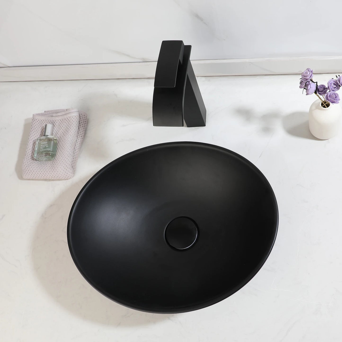Zappo Black Stone Resin Oval Bathroom Vessel Sink Faucet