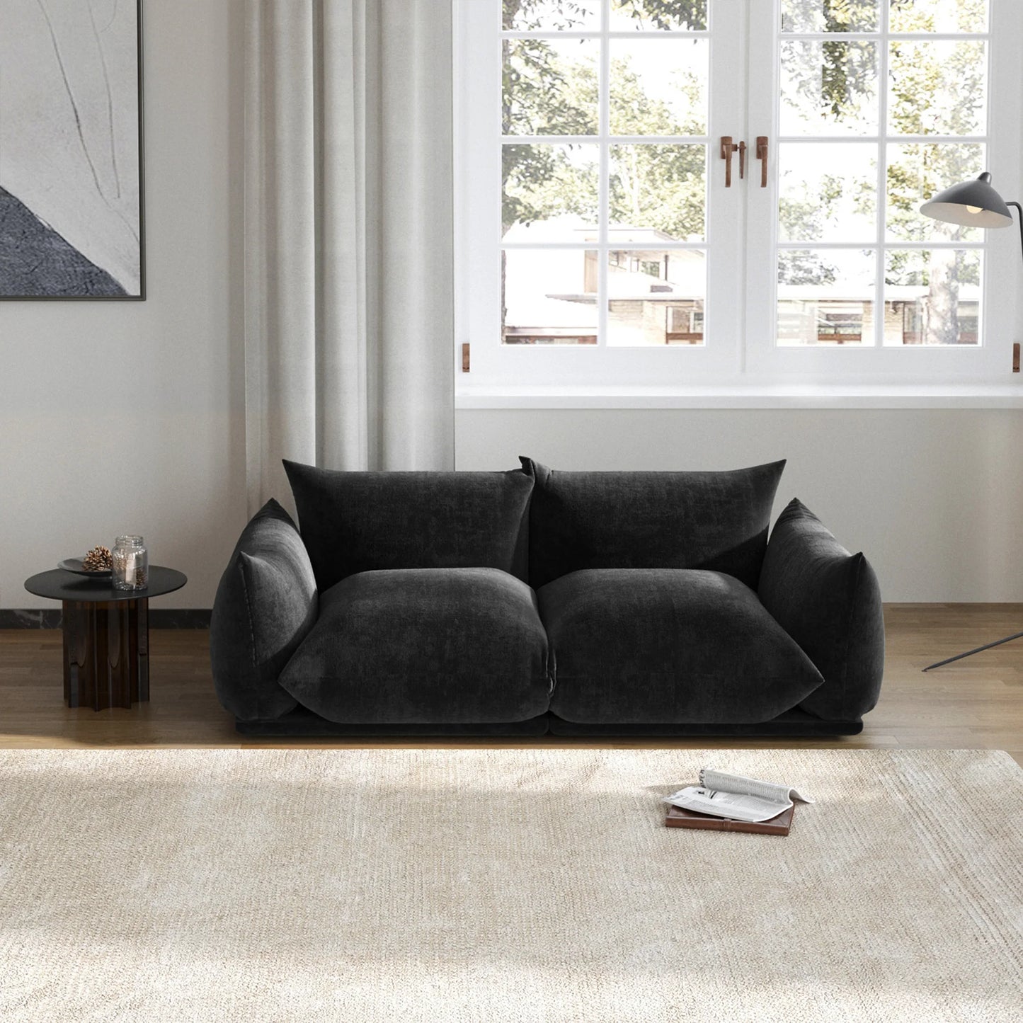 Love Seat Chenille Couch Mid Century Sofa 77 Inch Deep Seat For Small Spaces