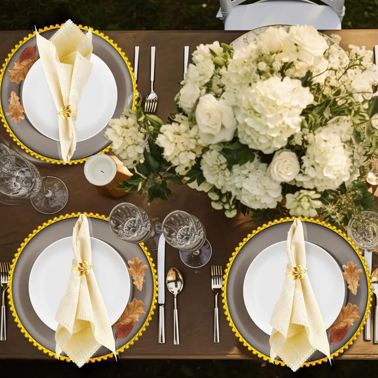 50 Set Clear Charger Plates Bulk 13 Inch Beaded Plastic Charger Plates with Napkin Rings Acrylic Round Dinner Table Decorative Plates for Party Wedding Thanksgiving