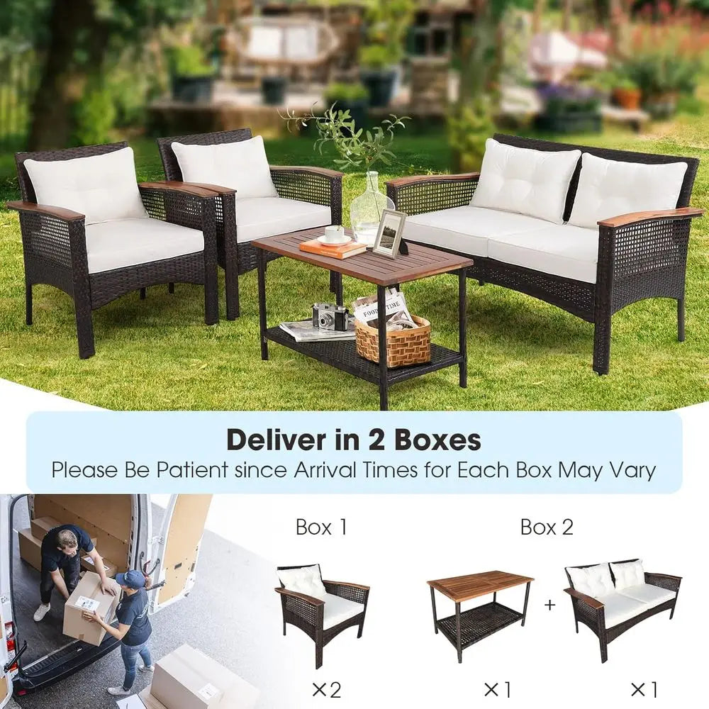 4 Piece Outdoor Patio Furniture Set With Cushions White For Lawn Porch Poolside