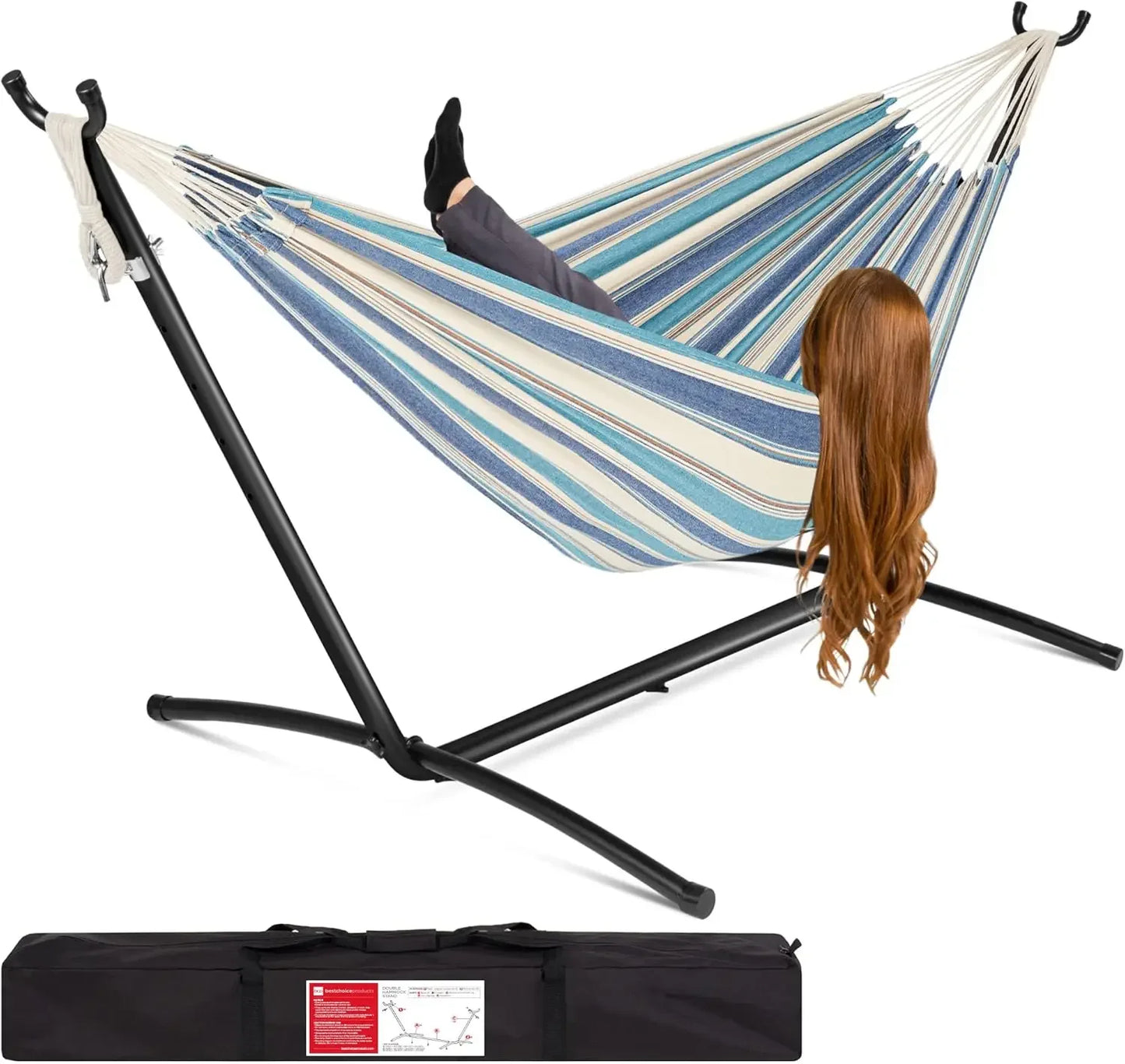 Double Brazilian Style Cotton Hammock With Steel Stand For Indoor Outdoor With Carrying Bag