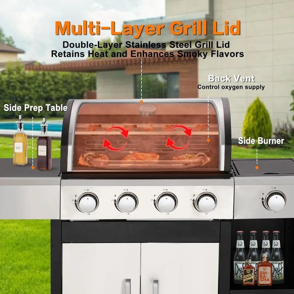 4 Burner Propane Gas Grill with Side Burner and Cabinet 49000 BTU Stainless Steel BBQ Grill Porcelain Enameled Cast Iron Grate