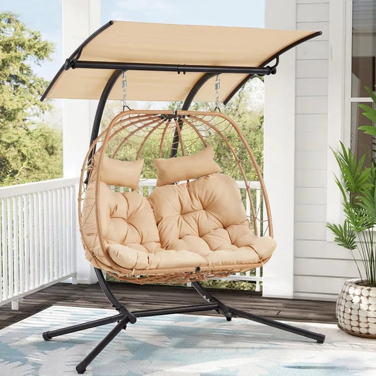 Oversized Double Egg Chair with Adjustable Canopy Patio Hanging Swing Chair Hammock Chair with Cushion