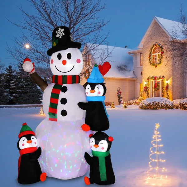 6ft Inflatable Snowman With 3 Penguins And 4 Light Strings