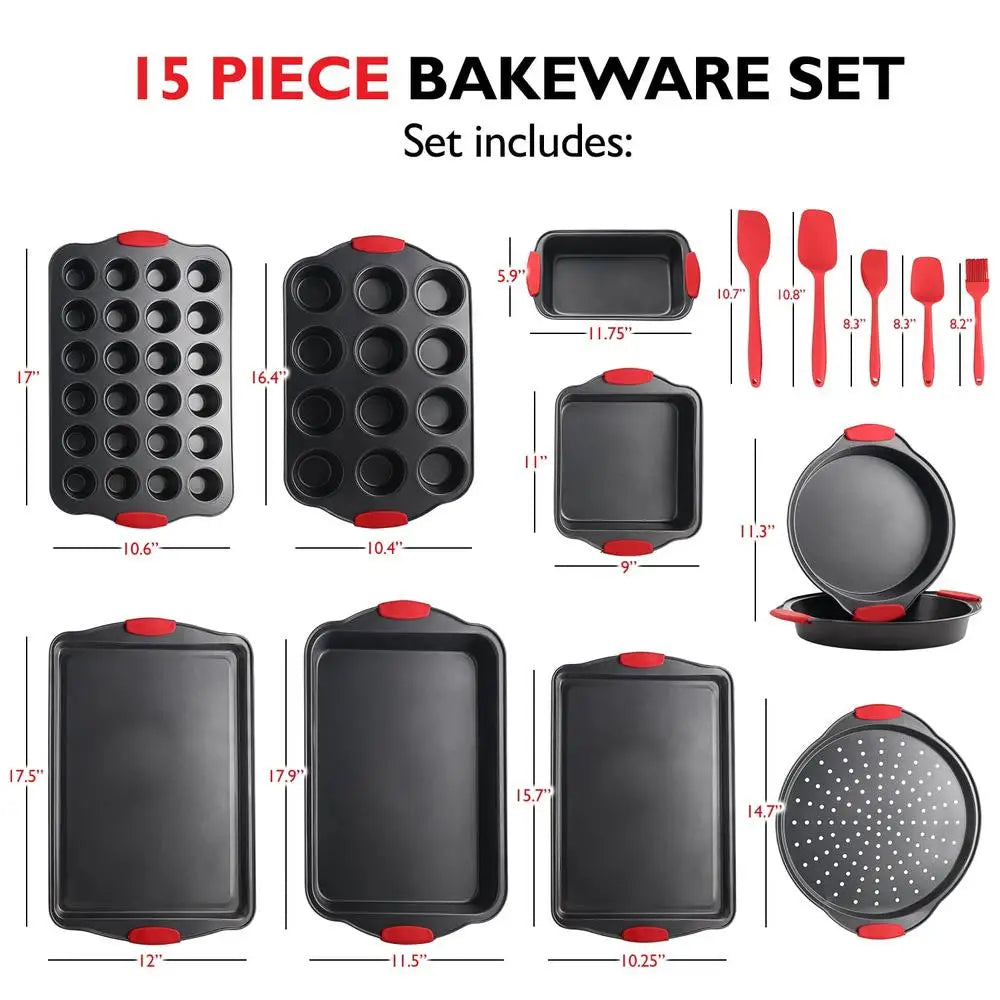 Nonstick Carbon Steel Bakeware Set 15 Piece Kitchen Baking Tray Silicone Handles Oven Safe Cookie Sheets Muffins Loaf Pan